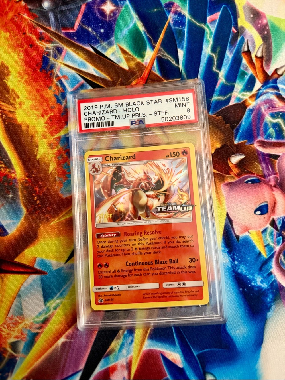 Pokemon Charizard Team Up STAFF Prerelease Holo Promo SM158 PSA 9